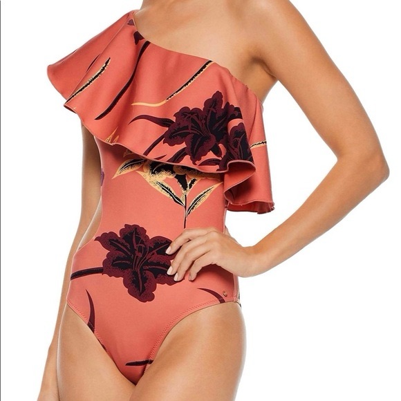 Nwt 10 Crosby Derek Lam Terra Cotta Floral One-Shoulder Cut-Out Swimsuit